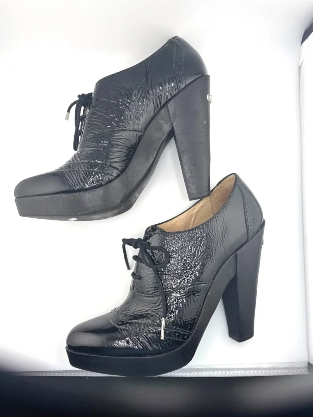 Michael Kors Panama Oxford Heels 8.5M Black Patent Leather Platform Office Siren